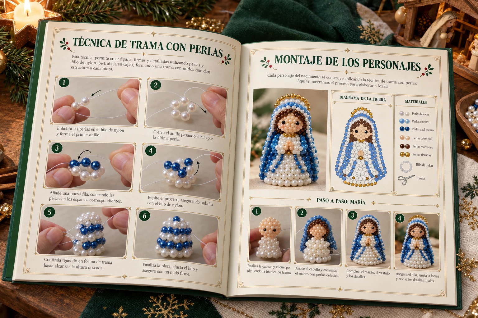 Páginas ilustrativas de la técnica de trama y del montaje de un personaje del belén